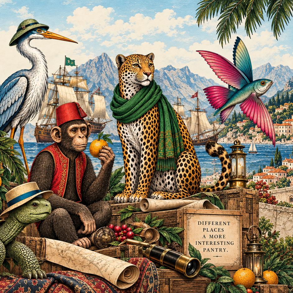 The Collector monkey, the Explorer leopard and the Voyager flying fish on a harbour wall, tall ships and mountains behind