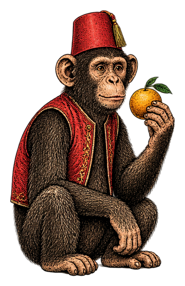 The Collector, a monkey in a red fez holding an orange