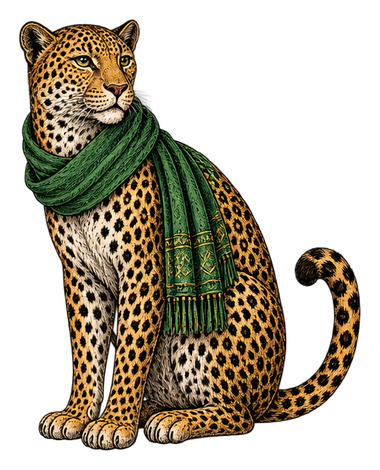 The Explorer, a leopard wearing a green scarf