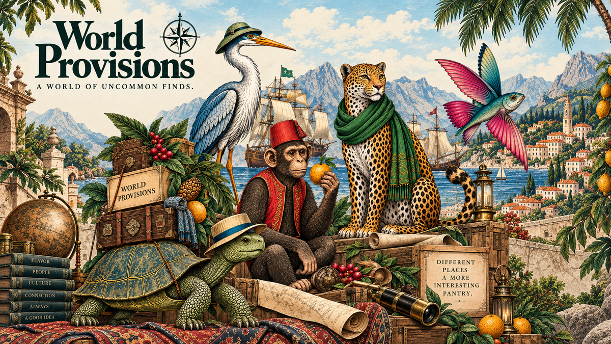 World Provisions — the Navigator heron, Collector monkey, Explorer leopard, Voyager flying fish and Traveling Tortoise gathered on a harbour wall with tall ships, crates and coffee branches