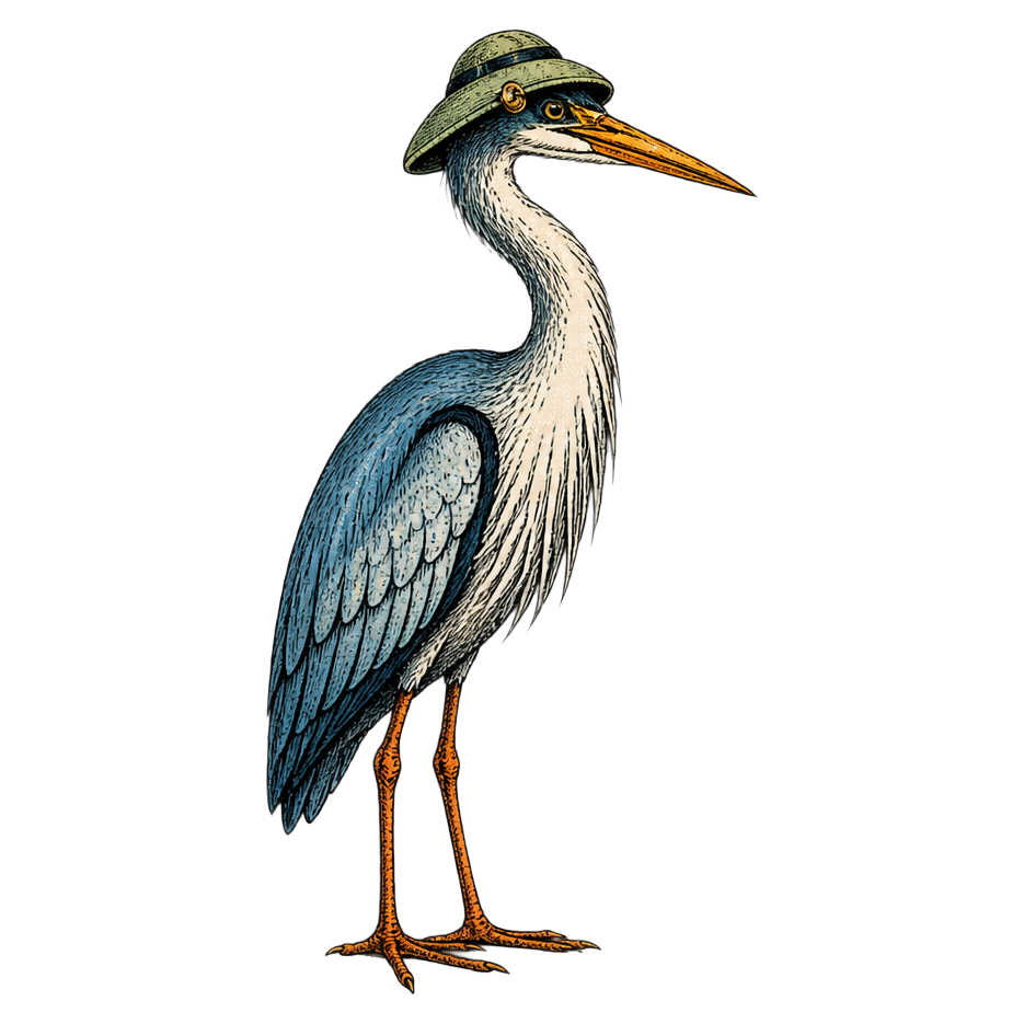The Navigator, a heron in a pith helmet