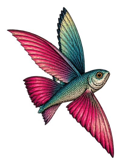 The Voyager, a flying fish with pink and teal wings